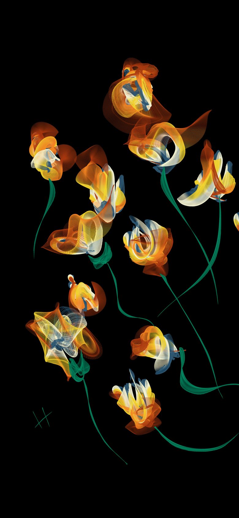 Flowpaper on an iPhone: orange and white flowers on green stems, drawn in glowing strokes on a black canvas.